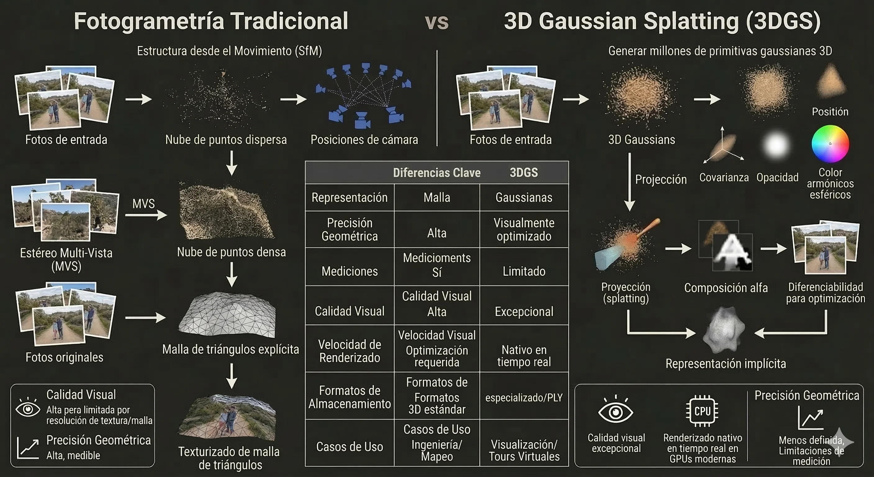 Diagrama comparativo entre Fotogrametría Tradicional y 3D Gaussian Splatting: pipelines, representaciones y diferencias clave